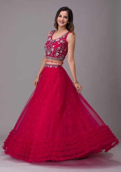 Rani Pink Silver Stonework Net Designer Lehenga-Koskii