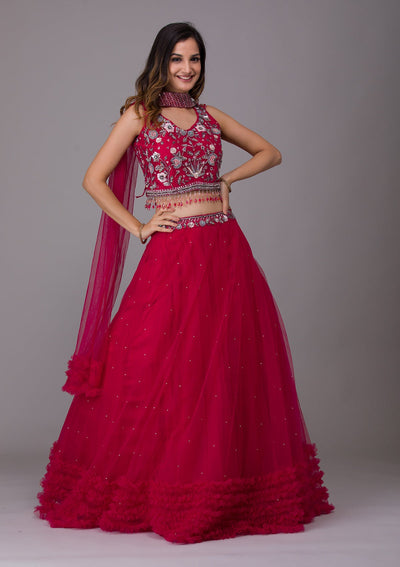 Rani Pink Silver Stonework Net Designer Lehenga-Koskii