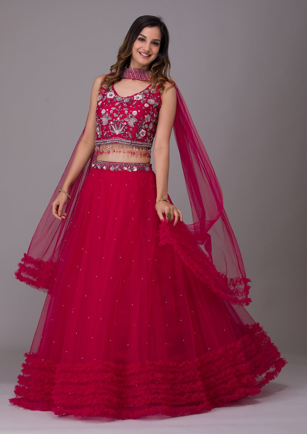 Rani Pink Silver Stonework Net Designer Lehenga-Koskii