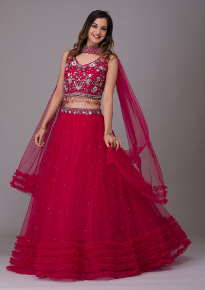 Rani Pink Silver Stonework Net Designer Lehenga-Koskii