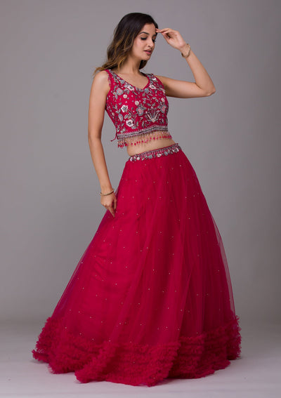 Rani Pink Silver Stonework Net Designer Lehenga-Koskii