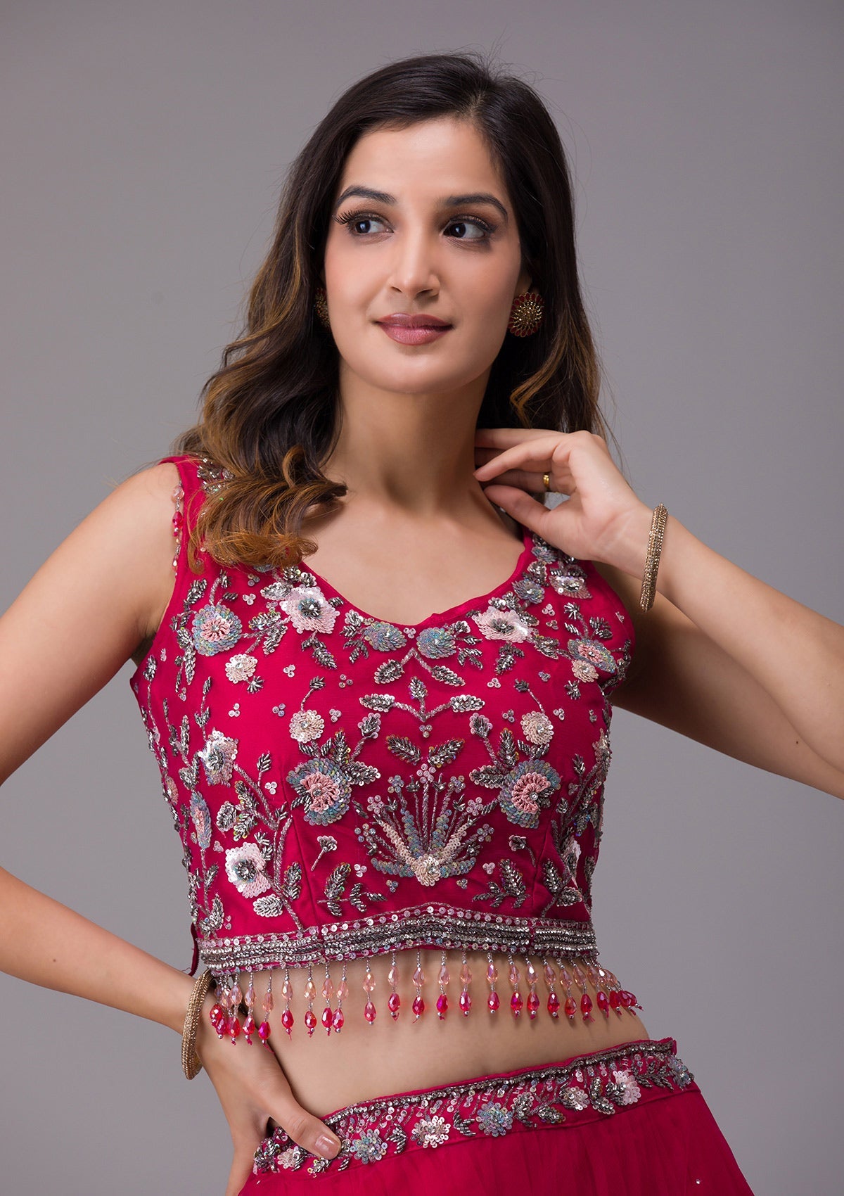Rani Pink Silver Stonework Net Designer Lehenga-Koskii