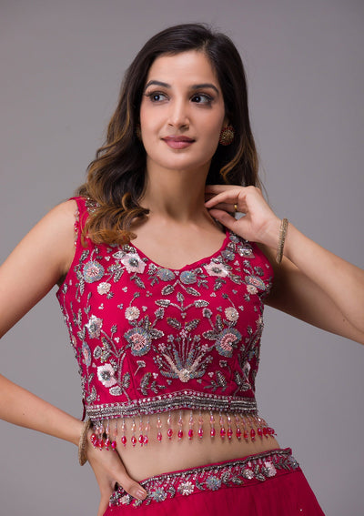 Rani Pink Silver Stonework Net Designer Lehenga-Koskii