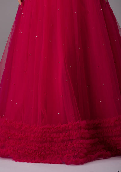 Rani Pink Silver Stonework Net Designer Lehenga-Koskii