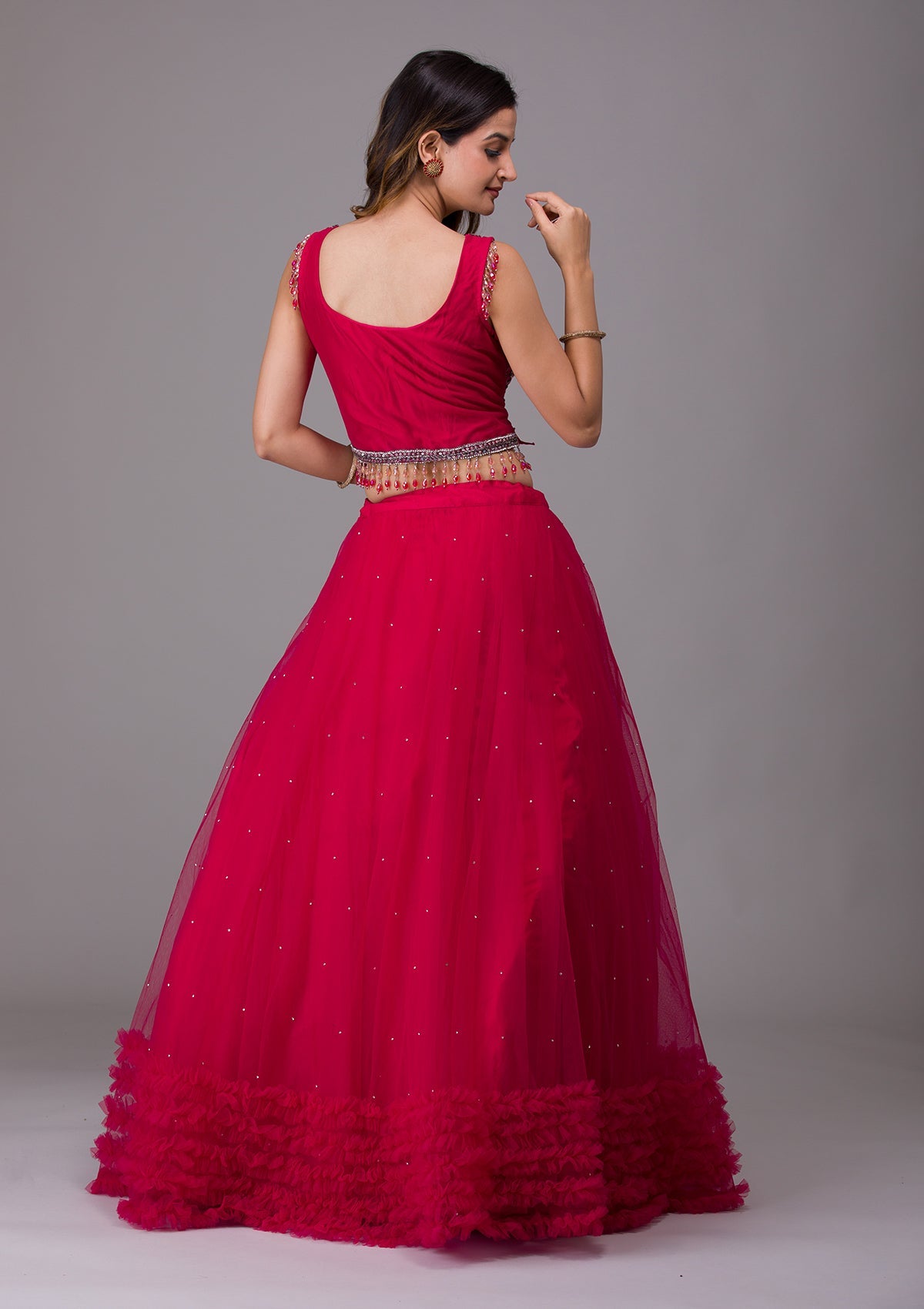 Rani Pink Silver Stonework Net Designer Lehenga-Koskii