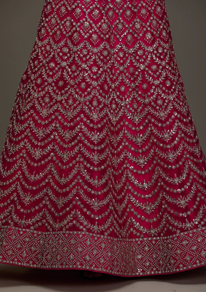 Rani Pink Silver Stonework Net Designer Semi-Stitched Lehenga - Koskii