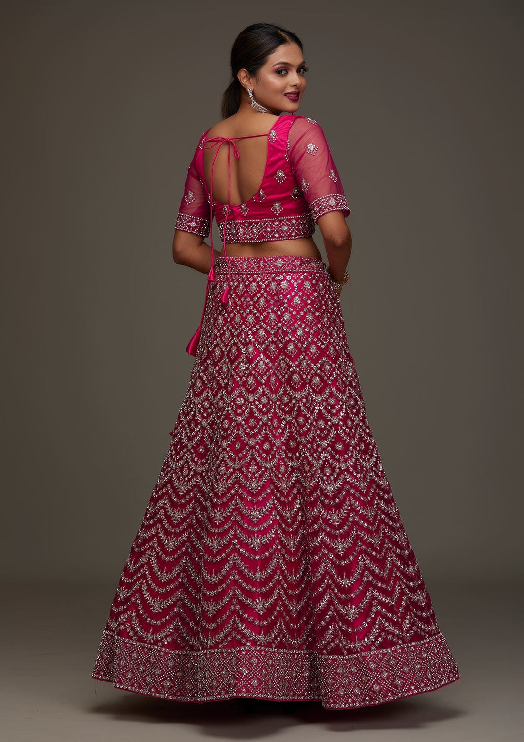 Rani Pink Silver Stonework Net Designer Semi-Stitched Lehenga - Koskii