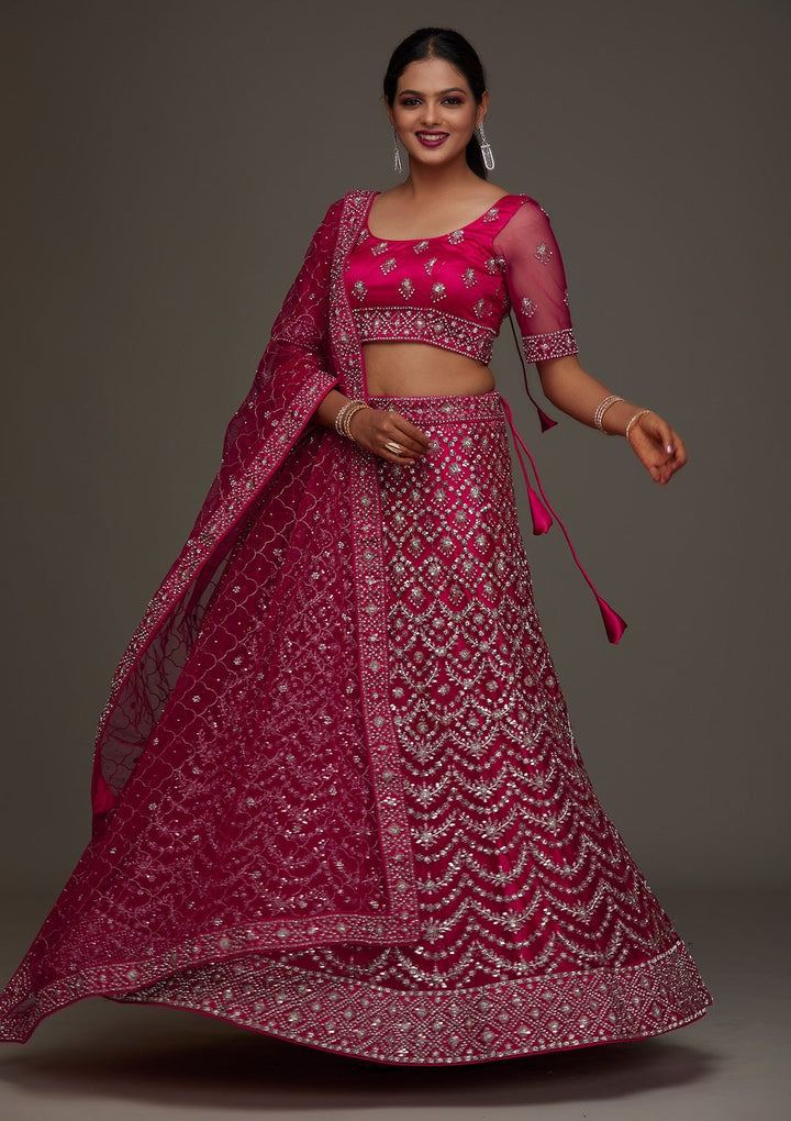 Rani Pink Silver Stonework Net Designer Semi-Stitched Lehenga- Koskii