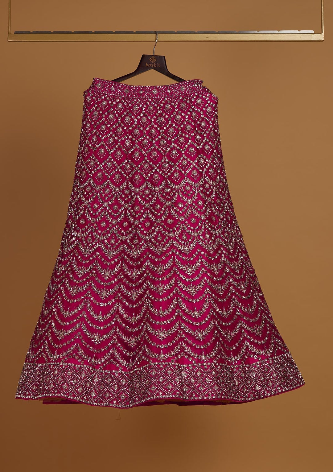 Rani Pink Silver Stonework Net Designer Semi-Stitched Lehenga - Koskii