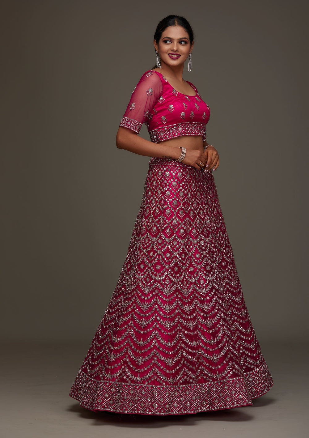 Rani Pink Silver Stonework Net Designer Semi-Stitched Lehenga - Koskii