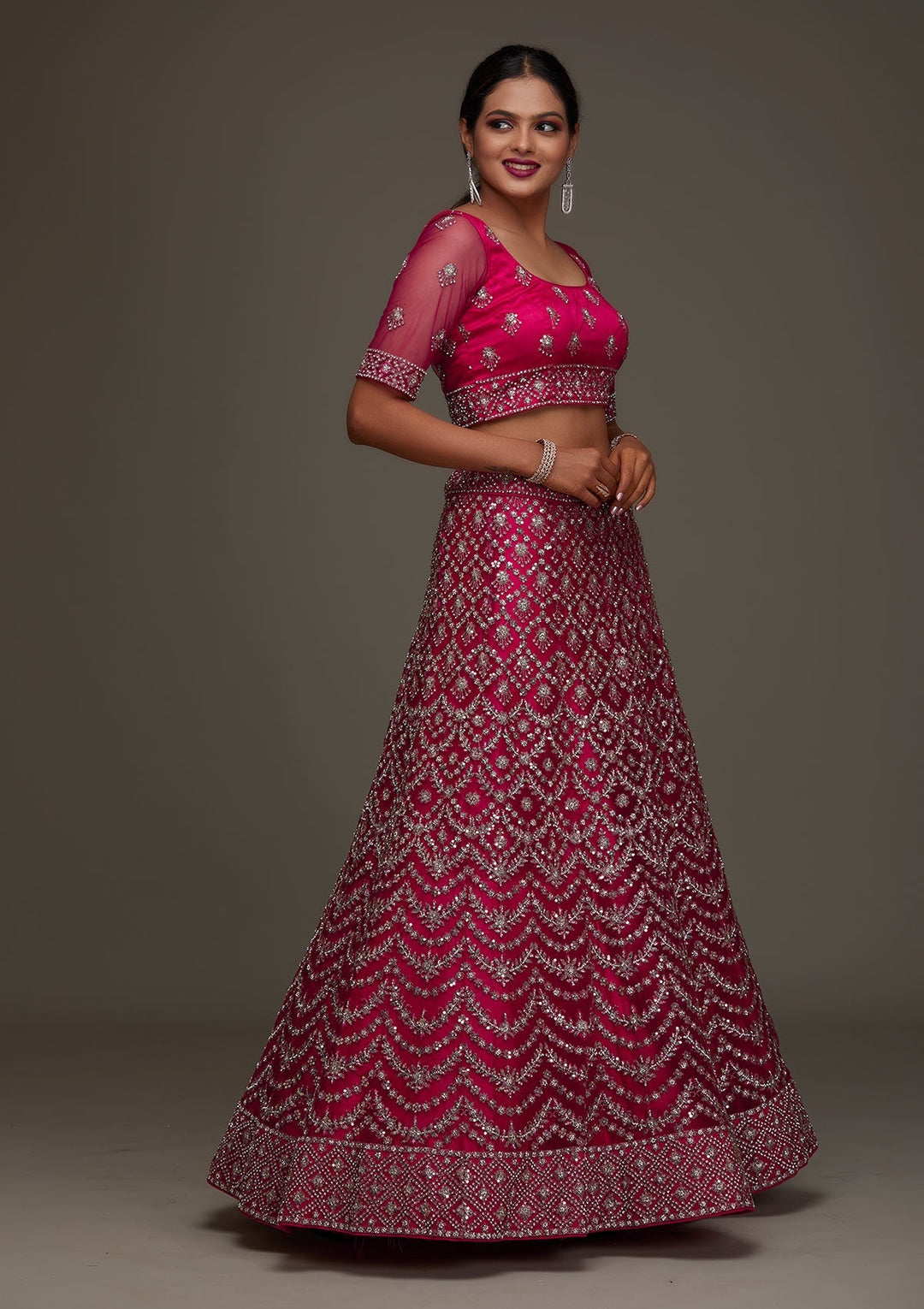 Rani Pink Silver Stonework Net Designer Semi-Stitched Lehenga - Koskii
