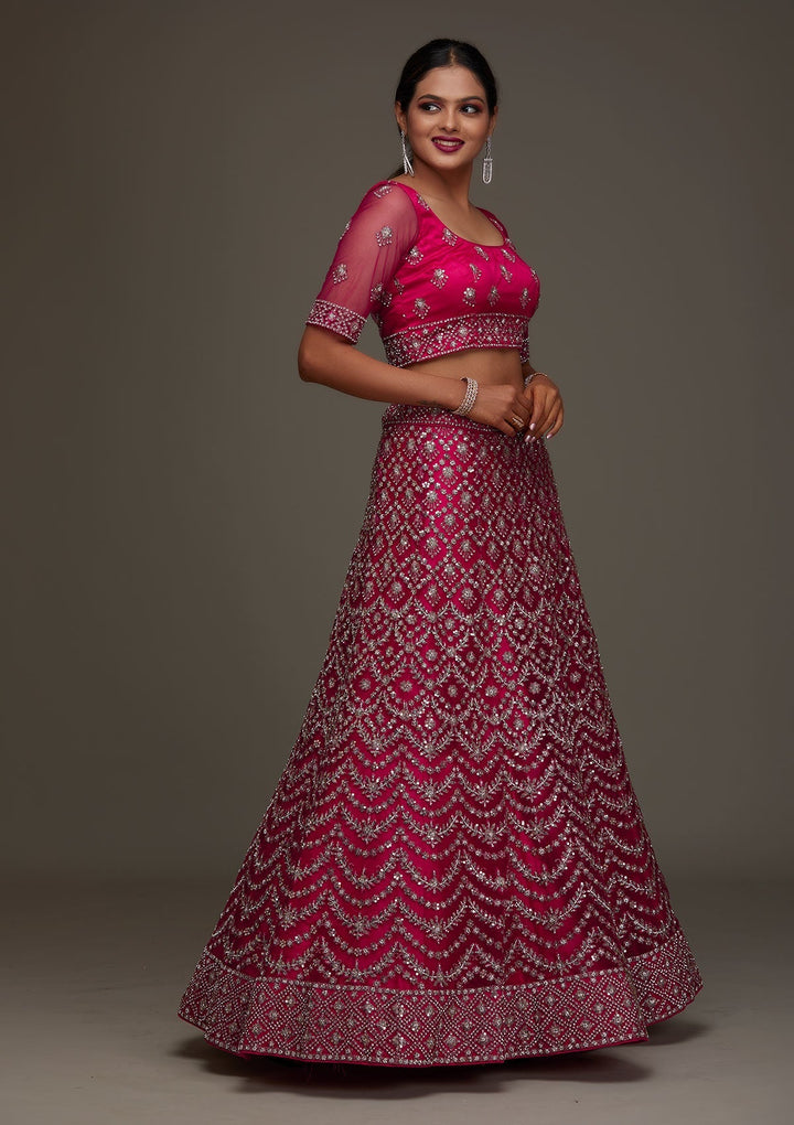 Rani Pink Silver Stonework Net Designer Semi-Stitched Lehenga - Koskii