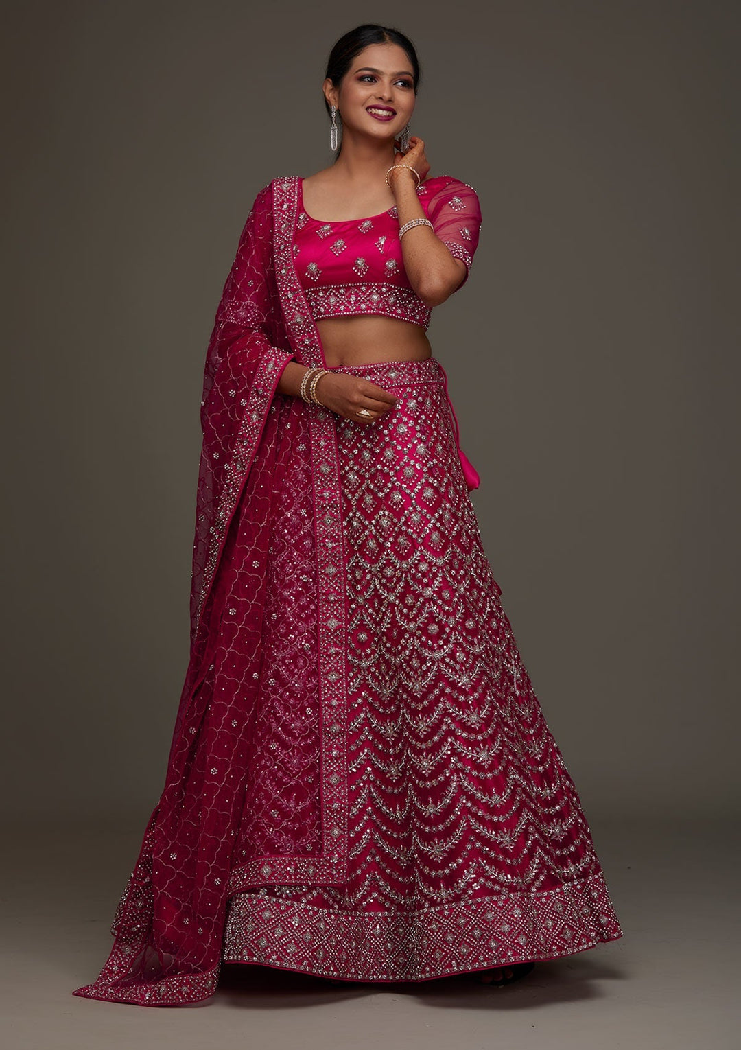 Rani Pink Silver Stonework Net Designer Semi-Stitched Lehenga - Koskii