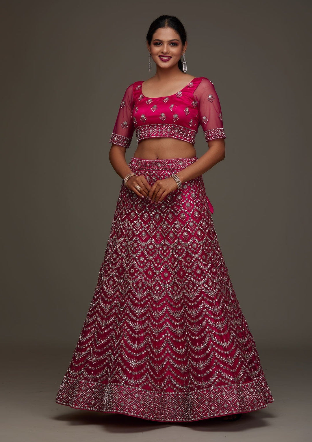 Rani Pink Silver Stonework Net Designer Semi-Stitched Lehenga - Koskii
