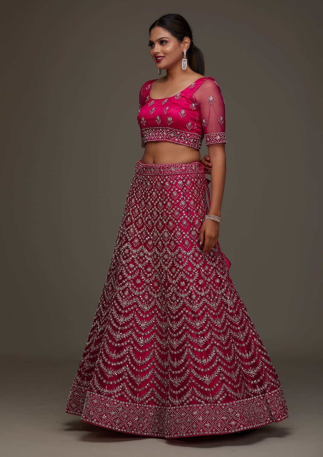 Rani Pink Silver Stonework Net Designer Semi-Stitched Lehenga - Koskii