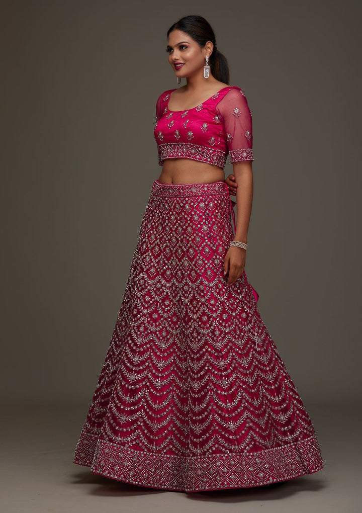 Rani Pink Silver Stonework Net Designer Semi-Stitched Lehenga - Koskii