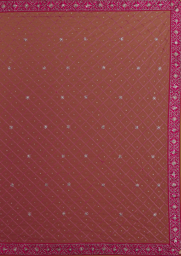 Rani Pink Silver Stonework Net Designer Semi-Stitched Lehenga - Koskii
