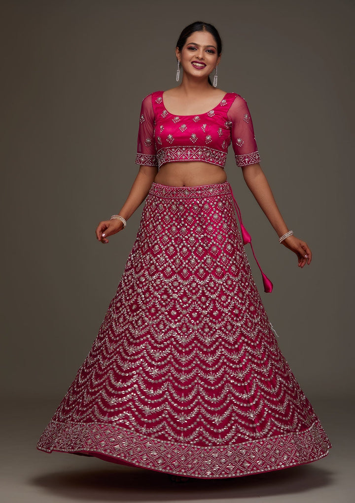 Rani Pink Silver Stonework Net Designer Semi-Stitched Lehenga - Koskii