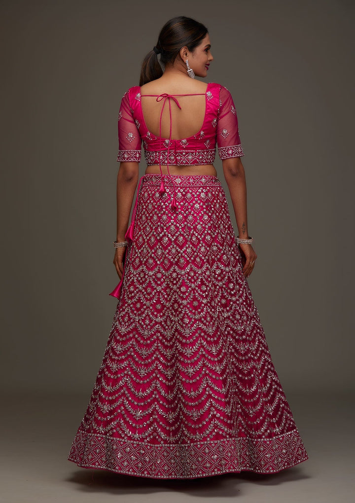 Rani Pink Silver Stonework Net Designer Semi-Stitched Lehenga - Koskii