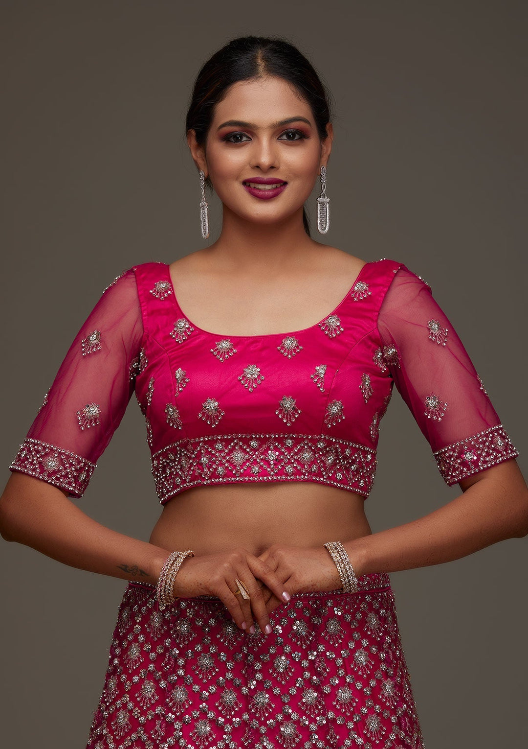 Rani Pink Silver Stonework Net Designer Semi-Stitched Lehenga - Koskii