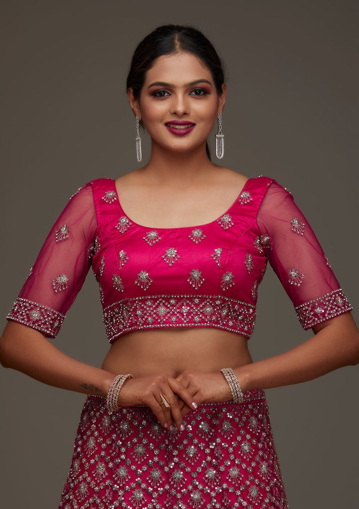 Rani Pink Silver Stonework Net Designer Semi-Stitched Lehenga - Koskii