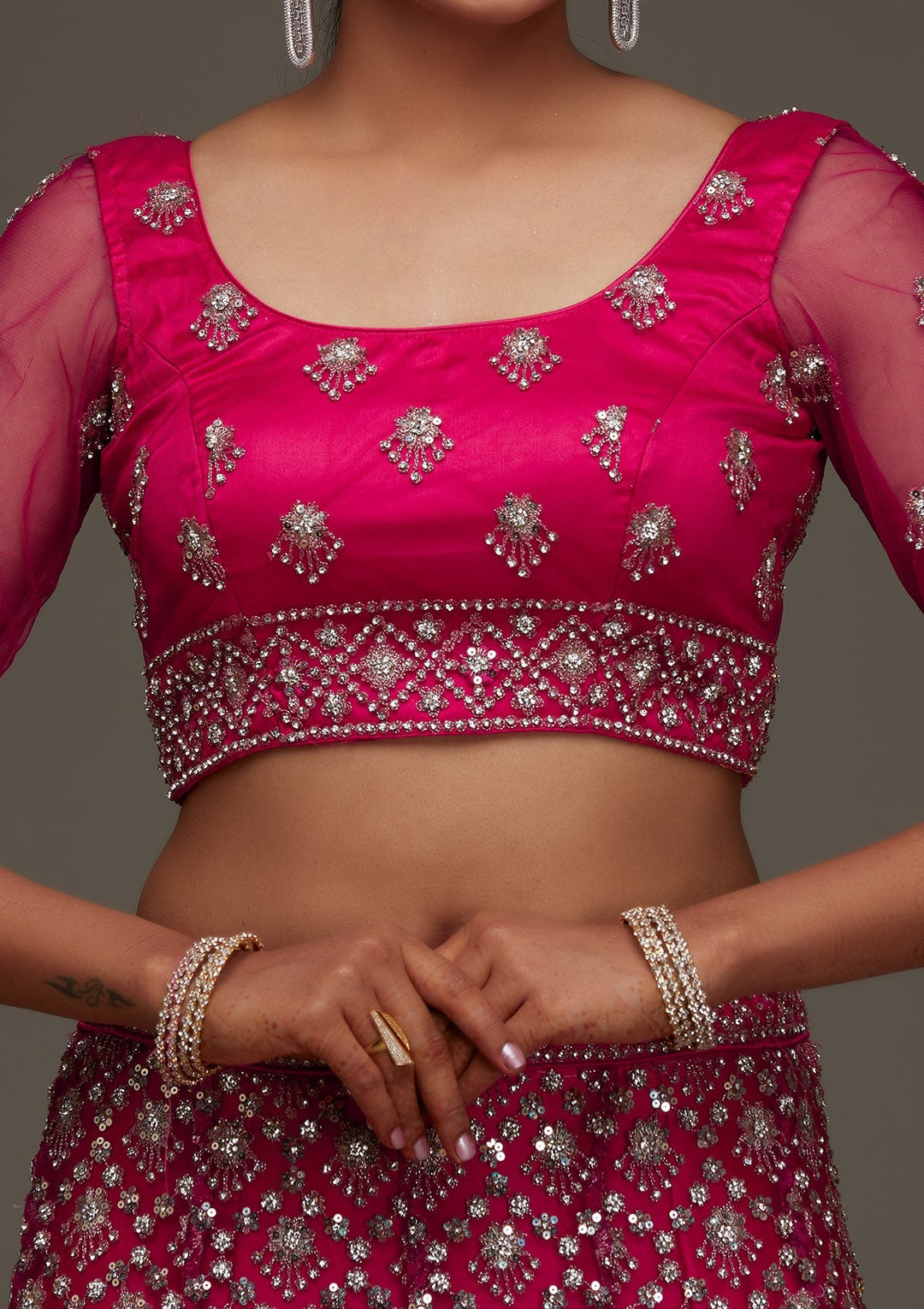 Rani Pink Silver Stonework Net Designer Semi-Stitched Lehenga - Koskii