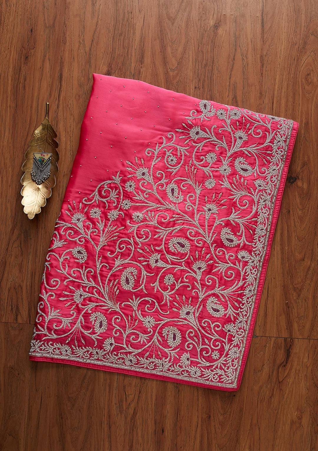 Rani Pink Silver Stonework Satin Designer Saree - koskii