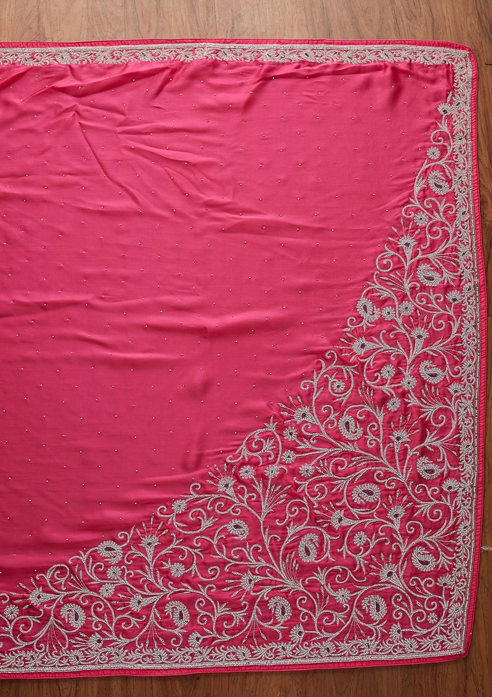 Rani Pink Silver Stonework Satin Designer Saree - koskii