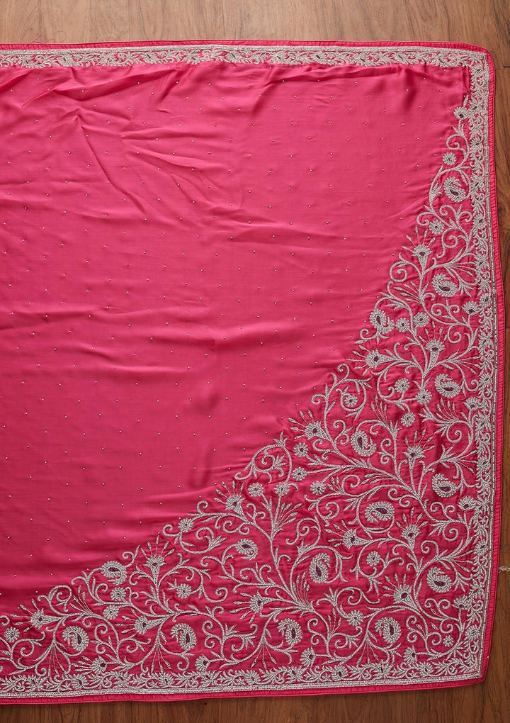 Rani Pink Silver Stonework Satin Designer Saree - koskii