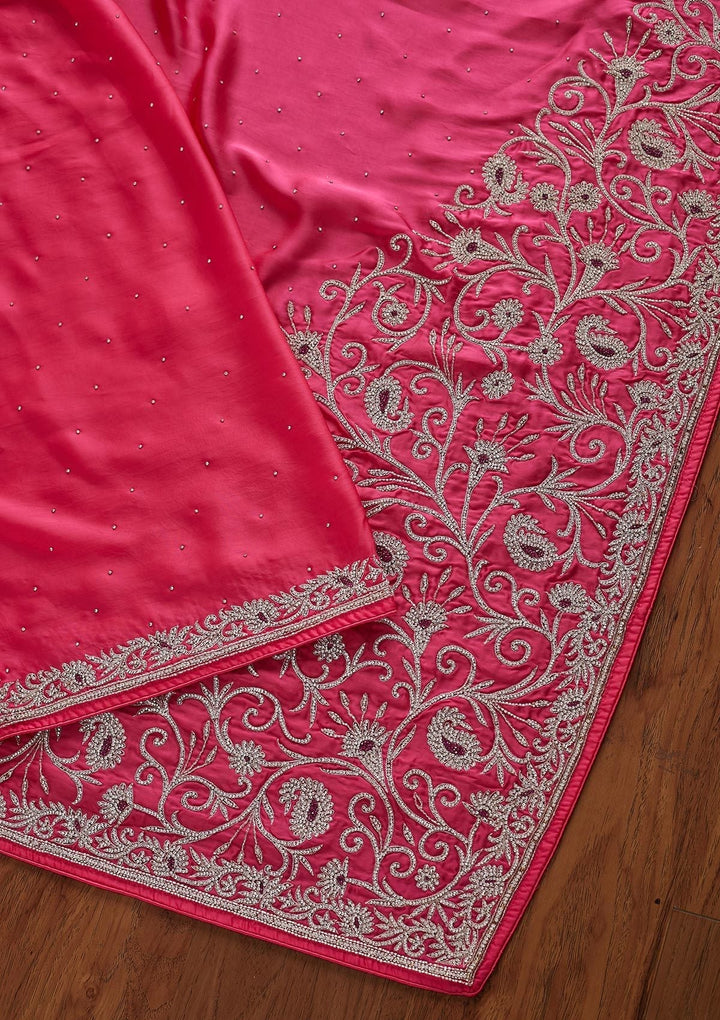 Rani Pink Silver Stonework Satin Designer Saree - koskii
