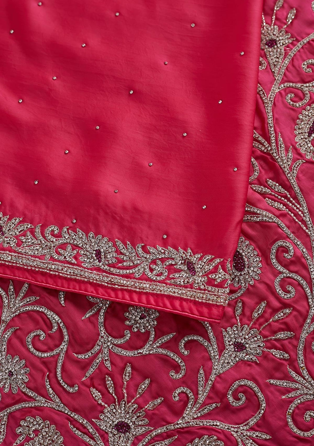 Rani Pink Silver Stonework Satin Designer Saree - koskii