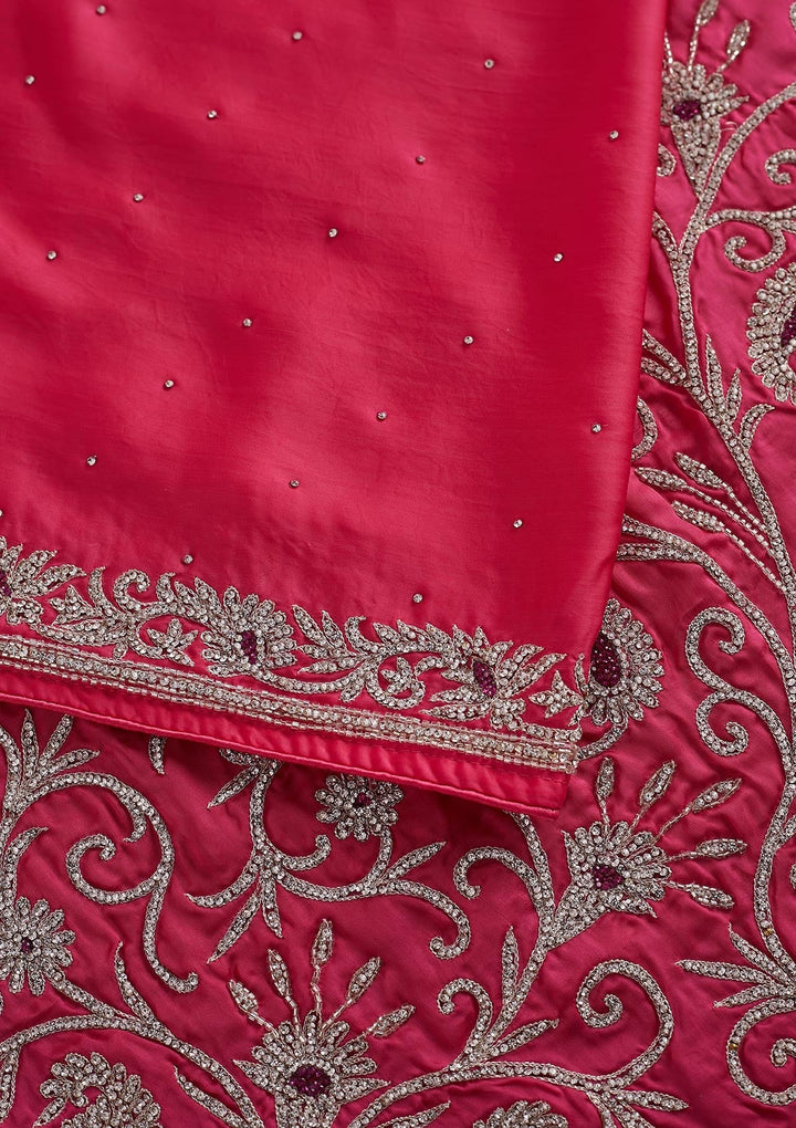 Rani Pink Silver Stonework Satin Designer Saree - koskii