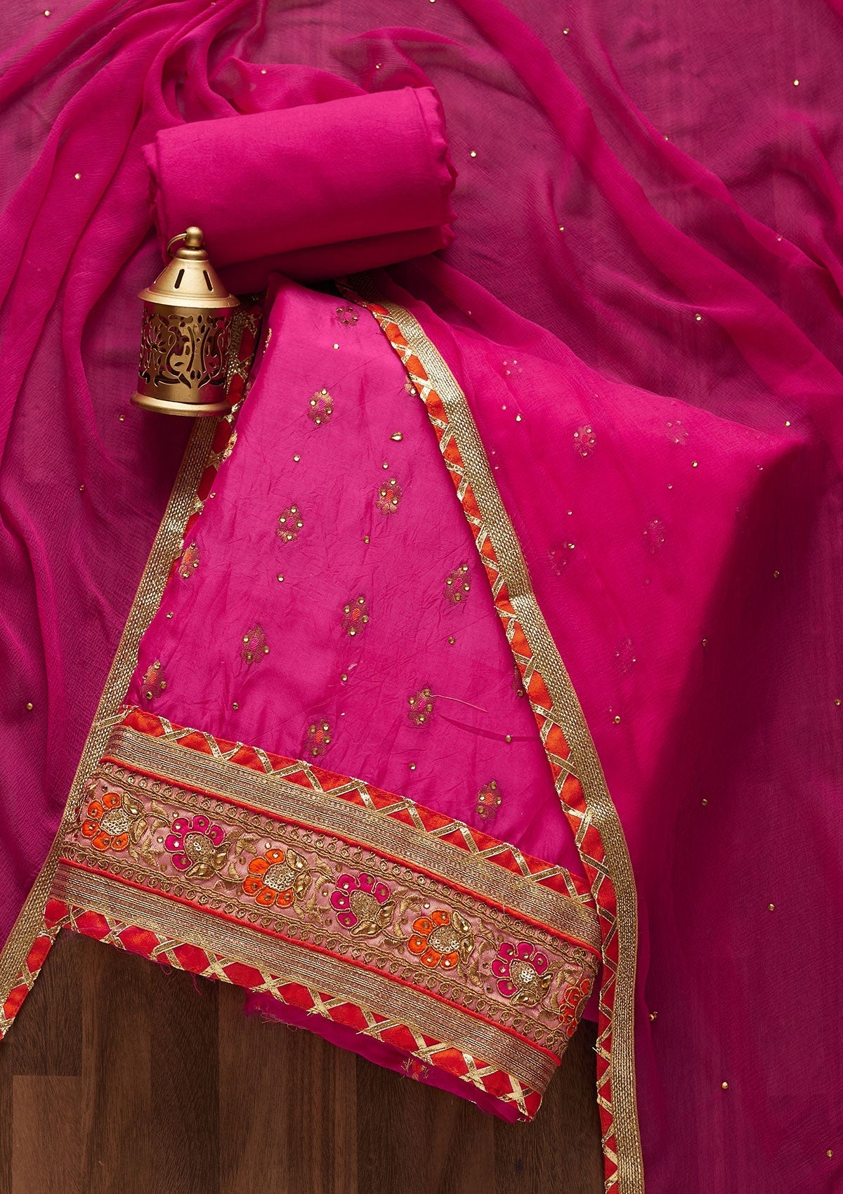 Rani Pink Stonework Art Silk Designer Unstitched Salwar Suit - Koskii