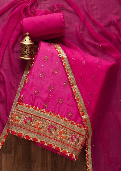 Rani Pink Stonework Art Silk Designer Unstitched Salwar Suit - Koskii