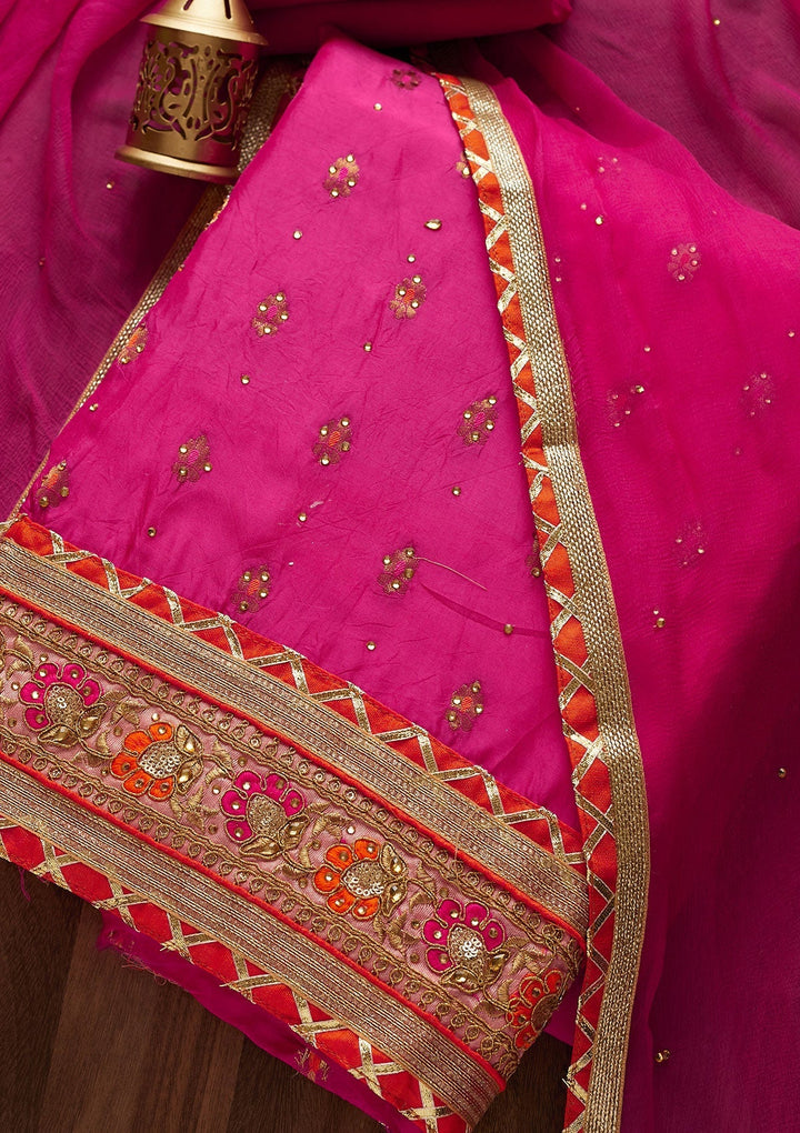 Rani Pink Stonework Art Silk Designer Unstitched Salwar Suit - Koskii