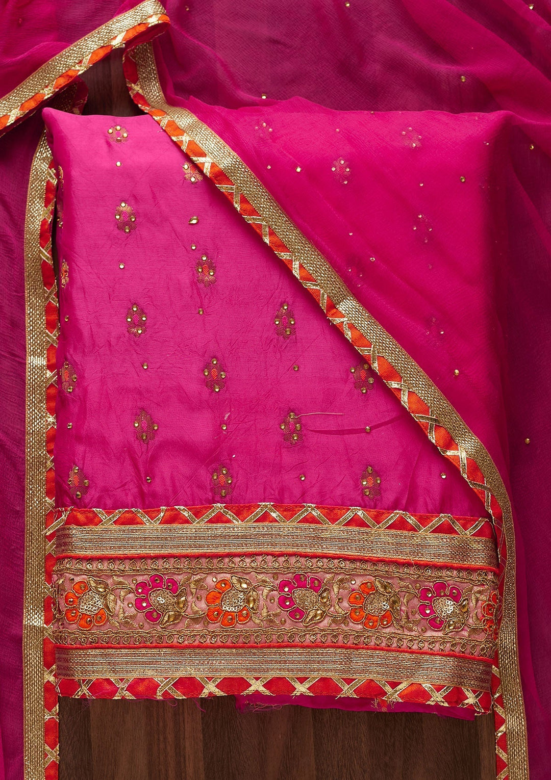 Rani Pink Stonework Art Silk Designer Unstitched Salwar Suit - Koskii