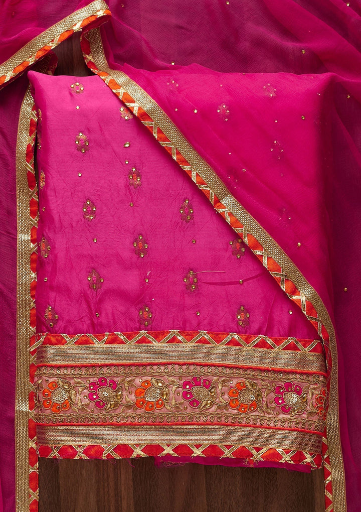 Rani Pink Stonework Art Silk Designer Unstitched Salwar Suit - Koskii