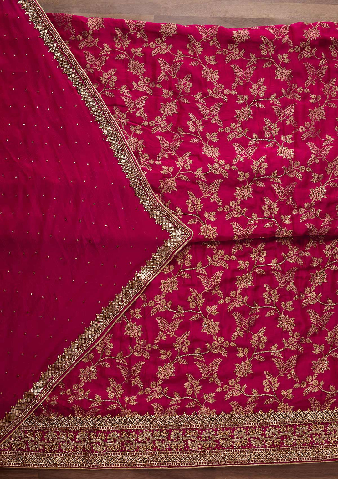 Rani Pink Stonework Chanderi Designer Unstitched Salwar Suit - Koskii