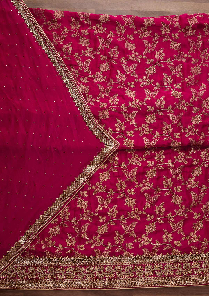 Rani Pink Stonework Chanderi Designer Unstitched Salwar Suit - Koskii