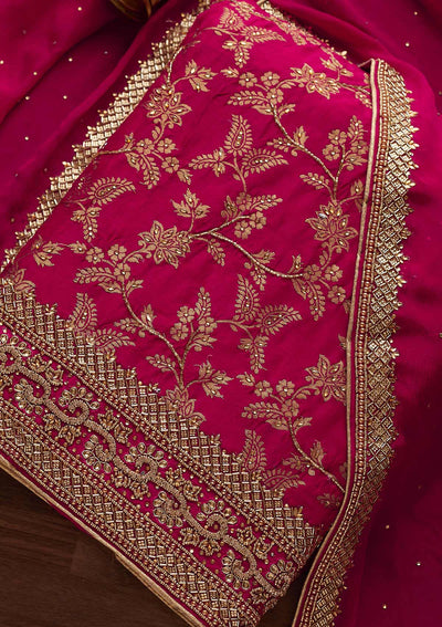 Rani Pink Stonework Chanderi Designer Unstitched Salwar Suit - Koskii