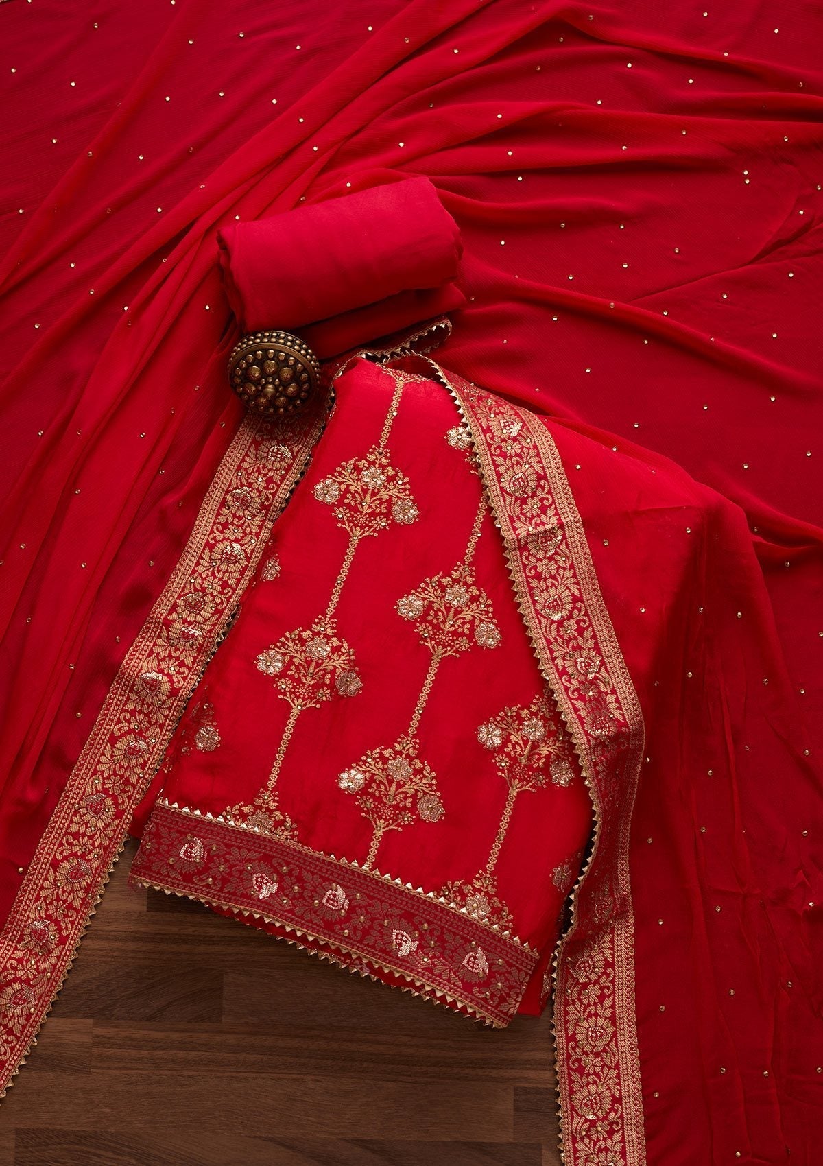 Rani Pink Stonework Chanderi Designer Unstitched Salwar Suit - Koskii