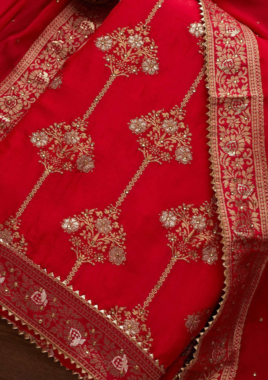 Rani Pink Stonework Chanderi Designer Unstitched Salwar Suit - Koskii