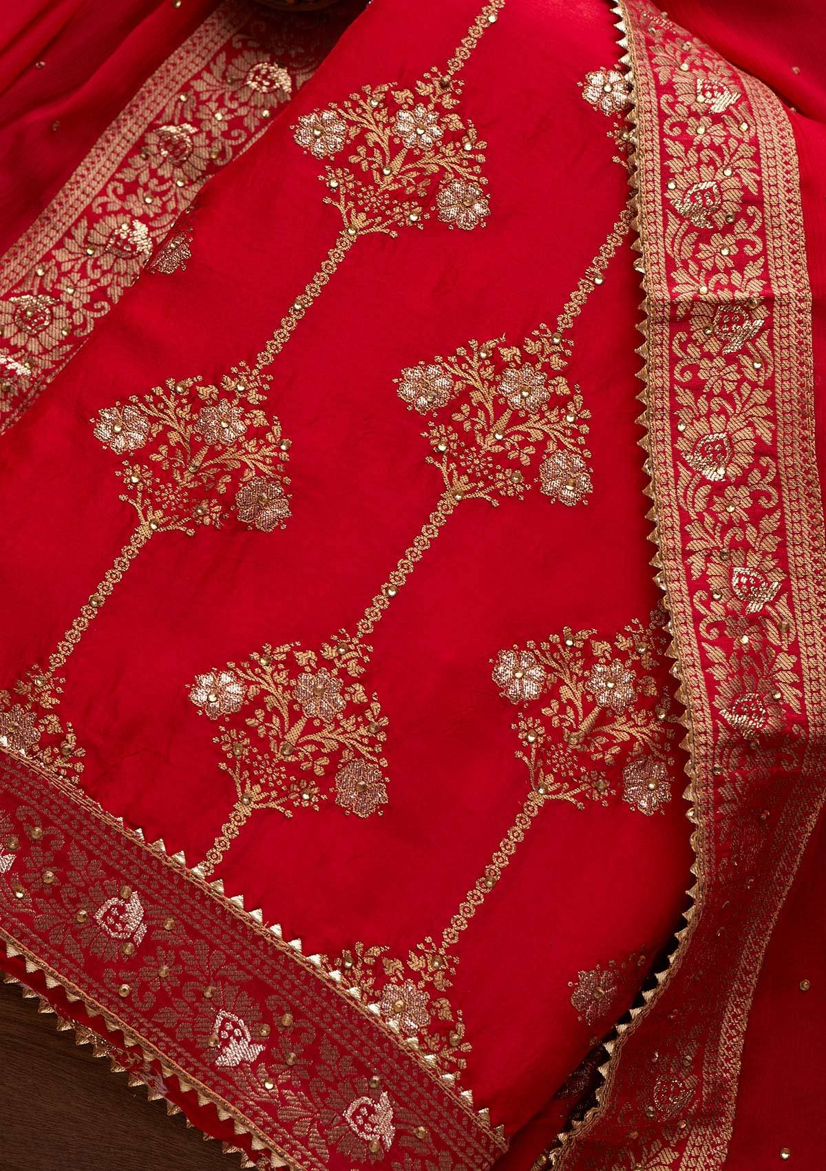 Rani Pink Stonework Chanderi Designer Unstitched Salwar Suit - Koskii