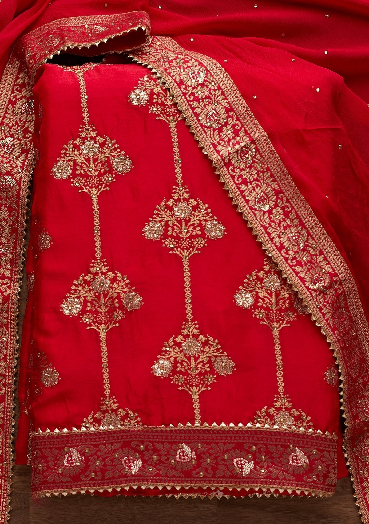 Rani Pink Stonework Chanderi Designer Unstitched Salwar Suit - Koskii