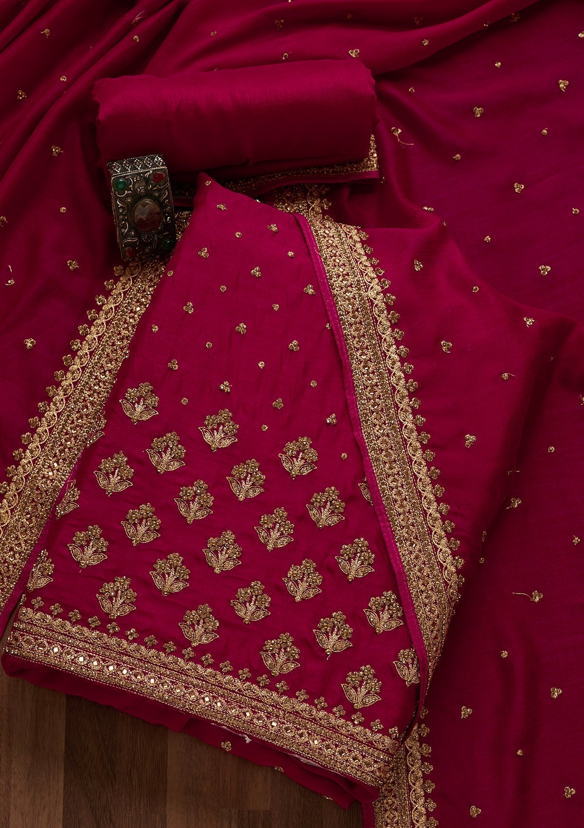 Rani Pink Stonework Georgette Unstitched Salwar Suit- Koskii