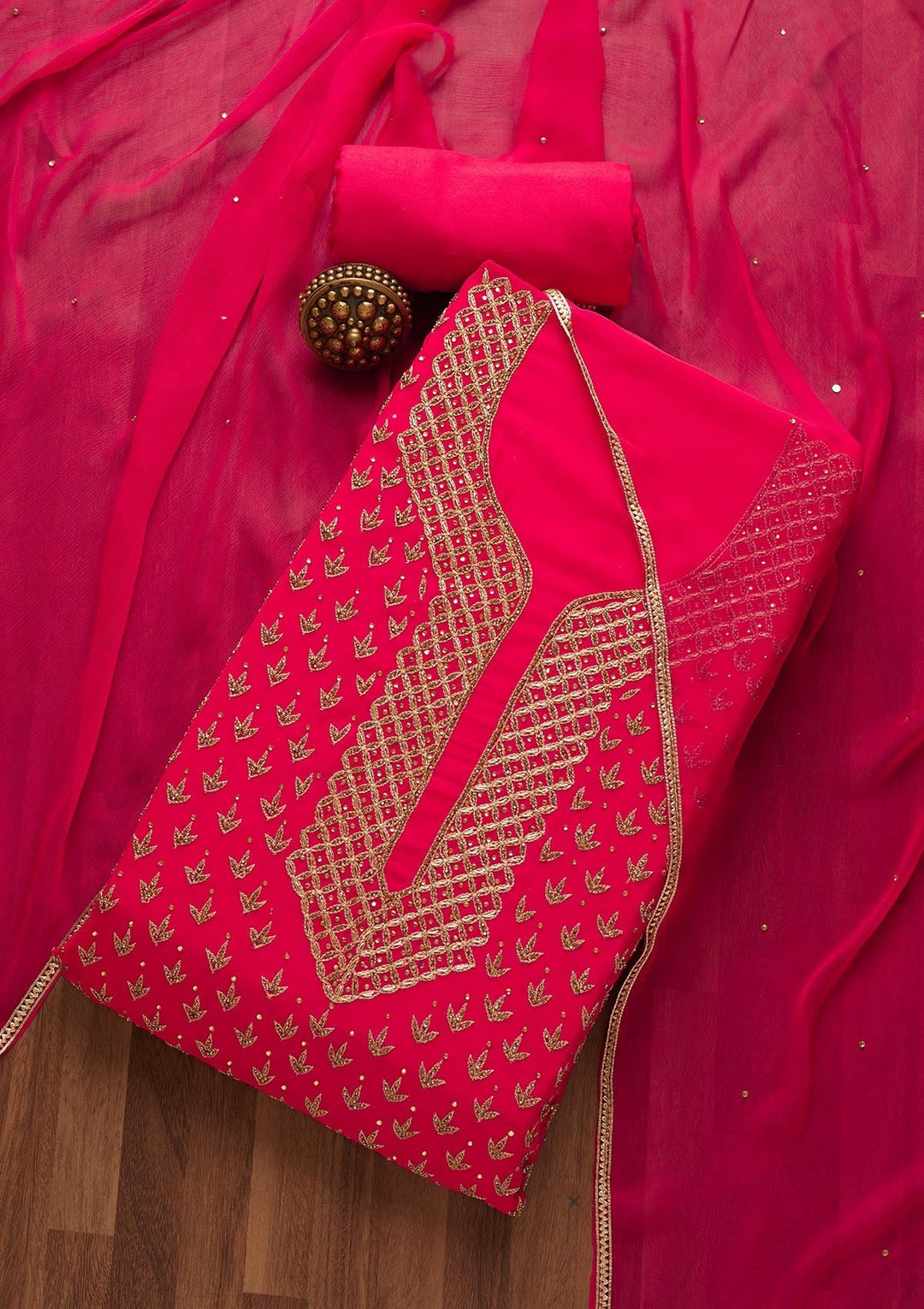 Rani Pink Stonework Georgette Unstitched Salwar Suit-Koskii