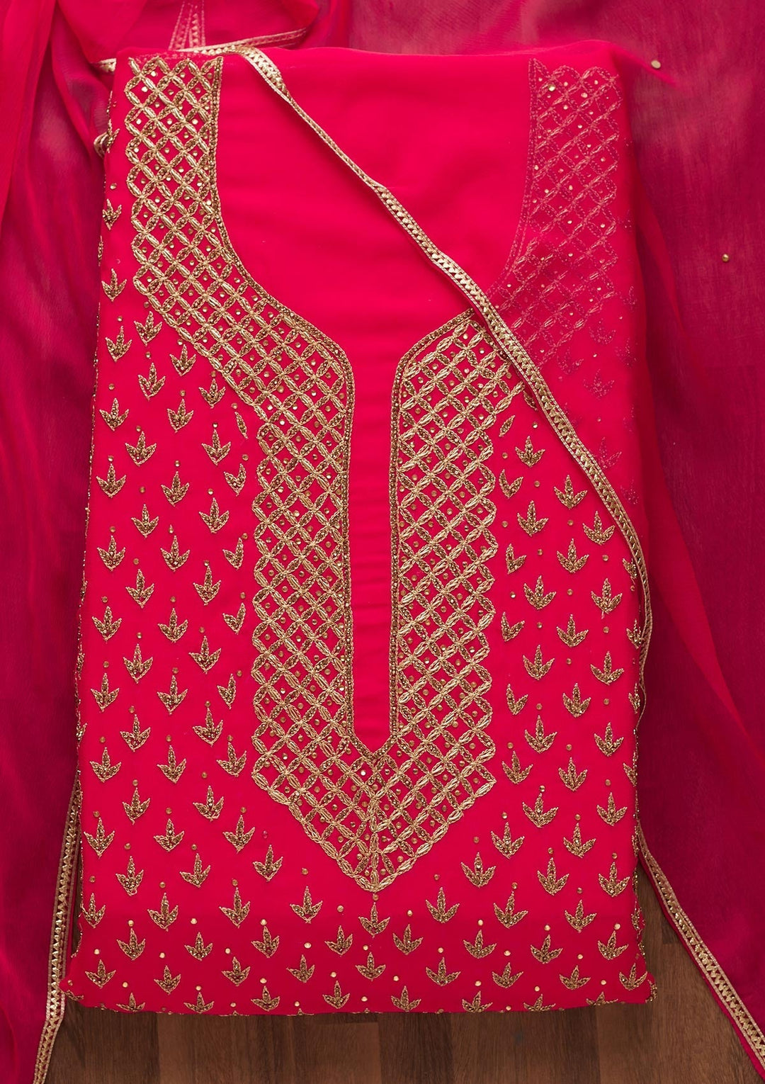 Rani Pink Stonework Georgette Unstitched Salwar Suit-Koskii