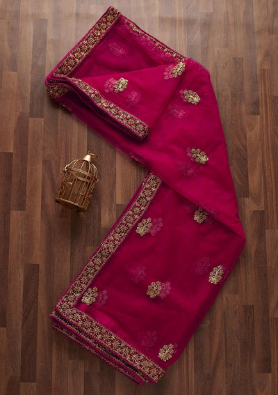 Rani Pink Stonework Net Designer Dupatta - Koskii