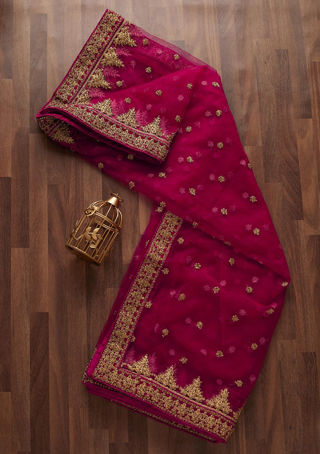 Rani Pink Stonework Net Designer Dupatta - Koskii