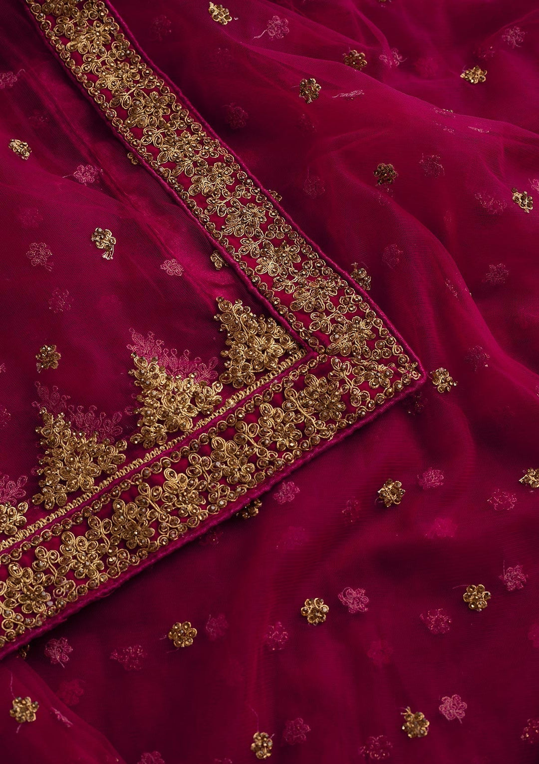 Rani Pink Stonework Net Designer Dupatta - Koskii